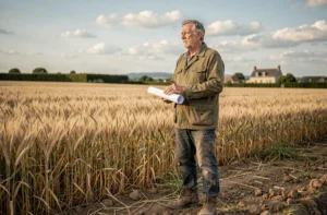 Agriculteur tenant des documents cadastraux au bord d'un champ de blé en Bourgogne, illustrant l'achat de terrain agricole en France