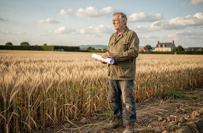 Agriculteur tenant des documents cadastraux au bord d'un champ de blé en Bourgogne, illustrant l'achat de terrain agricole en France