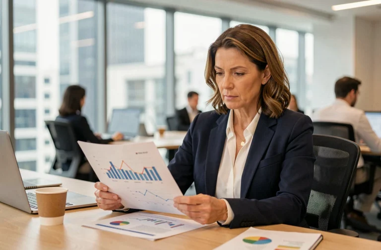 Analyste économique féminine examinant des graphiques financiers dans un bureau moderne avec vue sur la ville