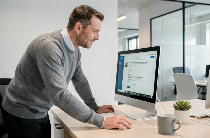 Homme utilisant AOL Mail en français sur un ordinateur de bureau dans un bureau moderne