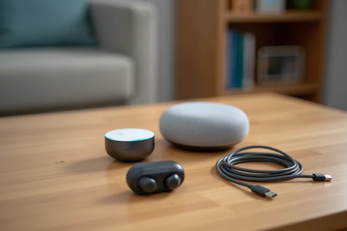 Sélection d'appareils connectés pour maison intelligente disposés sur un bureau en bois naturel