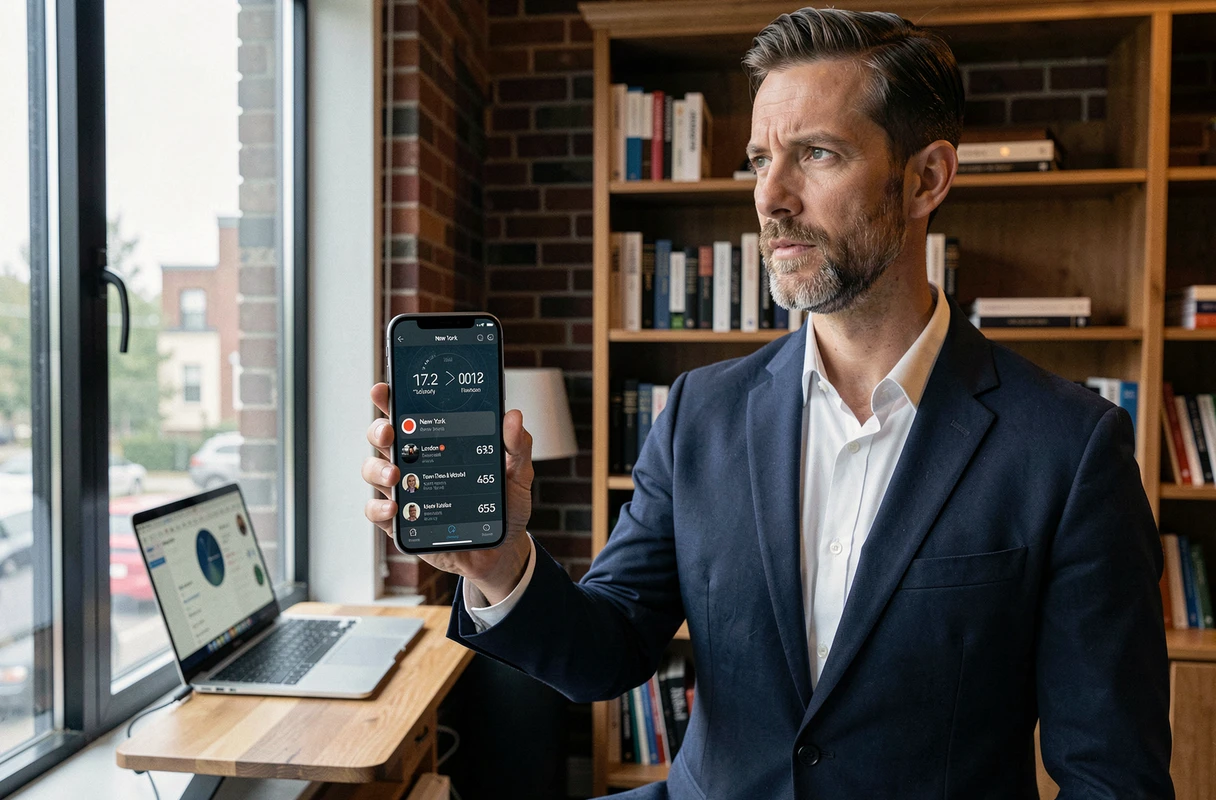 Homme en télétravail consultant une application de fuseaux horaires sur son smartphone pour planifier un appel avec New York