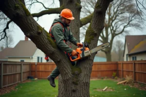 Arboriste professionnel en train d'élaguer un grand chêne avec une tronçonneuse, portant un équipement de sécurité complet dans un jardin résidentiel en automne