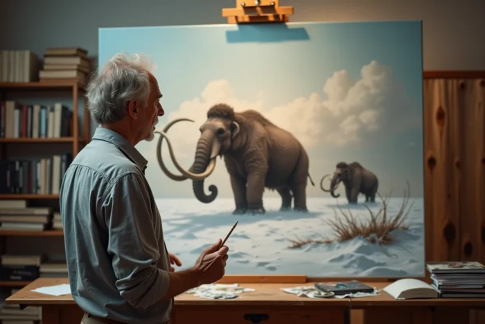 Artiste paléontologue peignant une reconstitution réaliste d'un troupeau de mammouths laineux de l'ère glaciaire dans son atelier