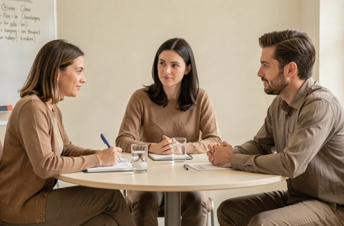 Groupe de professionnels participant à un atelier de développement personnel dans une salle de séminaire minimaliste