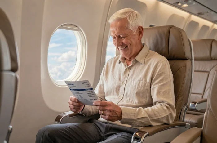 Homme senior en classe affaires dans un avion Air France examinant sa carte d'embarquement avec satisfaction