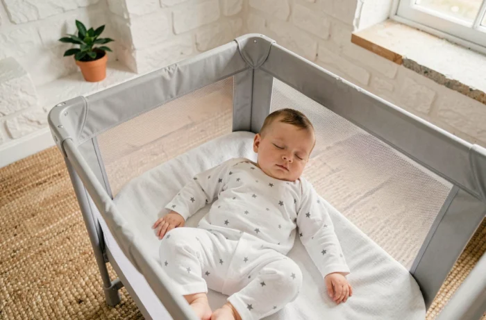 Bébé endormi paisiblement dans un lit parapluie léger installé dans un appartement de vacances