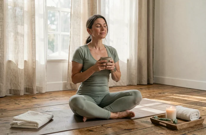 Femme pratiquant la pleine conscience avec une tisane lors d'une séance bien-être à domicile sur tapis de yoga