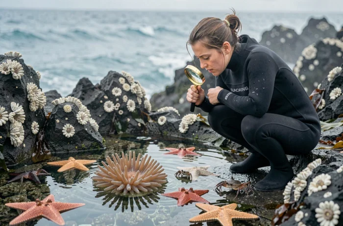 Biologiste marin observant une anémone de mer dans un bassin rocheux sur la côte Pacifique