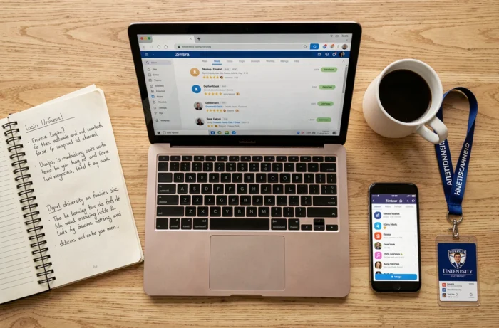 Bureau étudiant avec ordinateur portable affichant la messagerie Zimbra, carnet de notes et matériel de rentrée universitaire à Angers