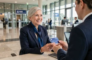 Femme senior souriante tenant une carte de fidélité Air France au comptoir d'enregistrement d'un aéroport moderne