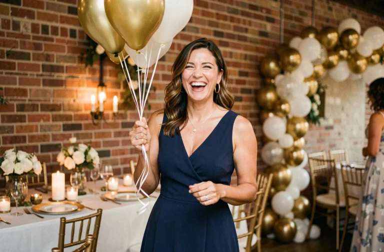 Femme élégante célébrant son anniversaire avec des ballons dans un espace décoré d'or et blanc