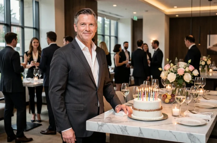 Homme en costume devant un gâteau d'anniversaire dans un restaurant élégant avec des bougies allumées