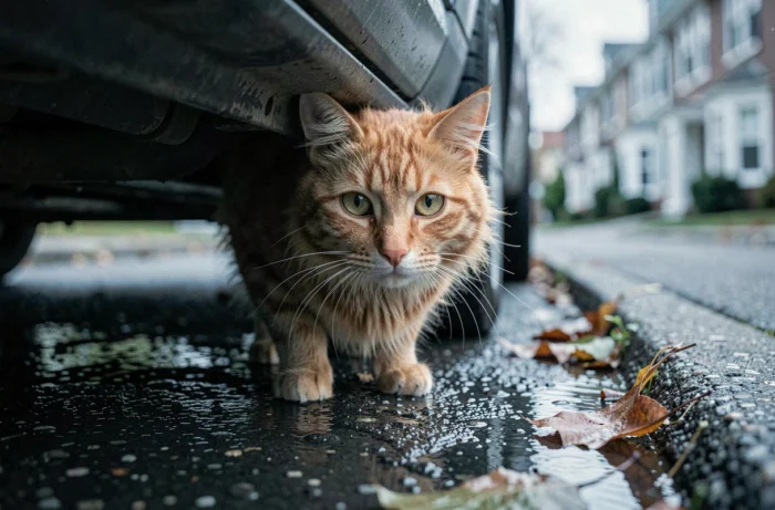 Chat roux tacheté caché sous une voiture dans une rue résidentielle, perdu et apeuré