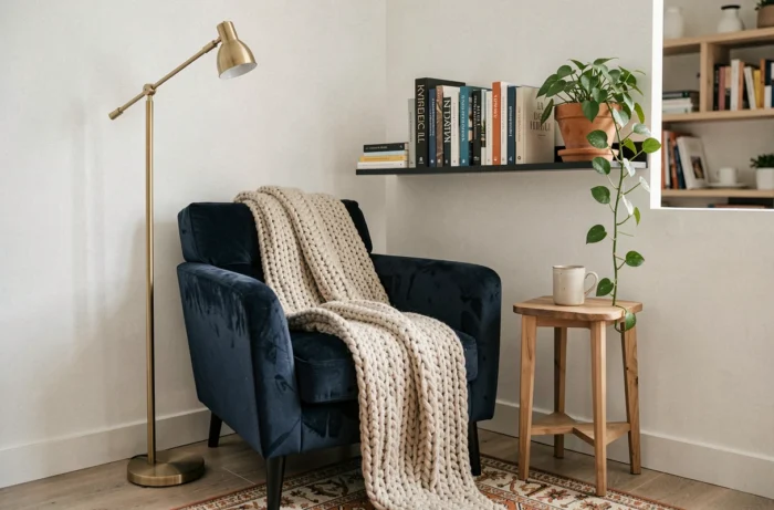 Coin lecture cosy avec fauteuil en velours marine, plaid en laine et étagère décorative dans un appartement moderne