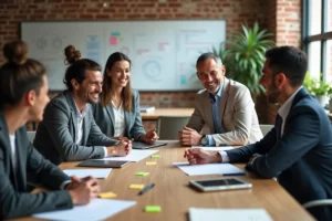 Quatre professionnels collaborant autour d'une table de réunion dans un bureau moderne, illustrant le travail en équipe pour un projet collectif
