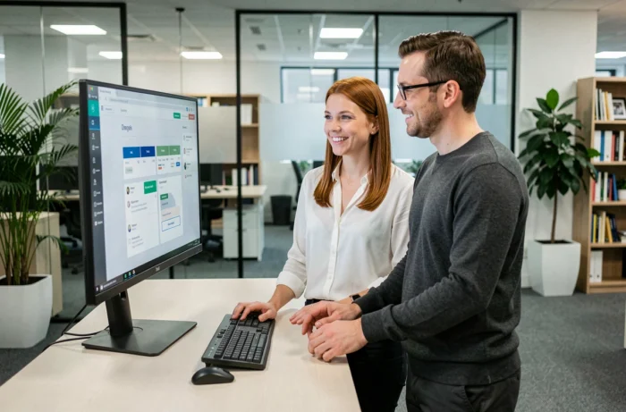 Deux collègues explorant ensemble la plateforme Tarbob sur un grand écran dans un bureau moderne