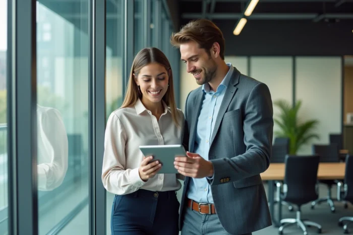 Deux collègues consultant ensemble des offres d'emploi sur une tablette dans un bureau professionnel moderne