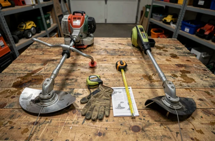 Comparaison côte à côte d'une débroussailleuse thermique avec lame métal et d'un coupe-bordure électrique avec fil nylon posés sur un établi d'atelier