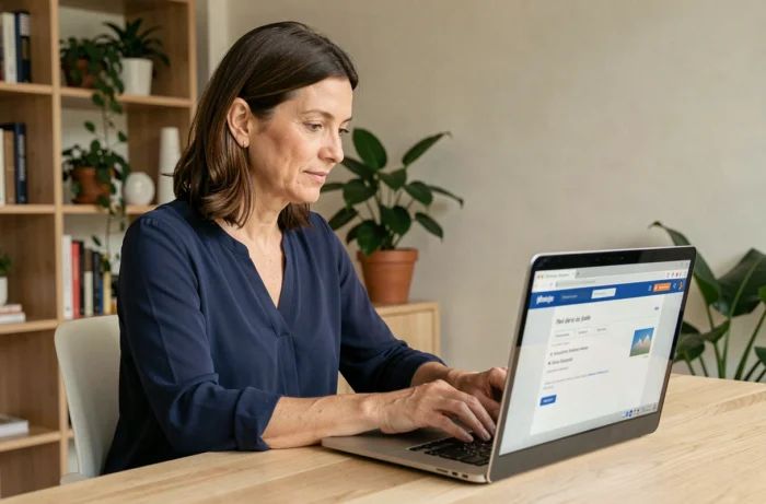 Femme configurant AOL Mail en français sur un ordinateur portable dans un bureau à domicile