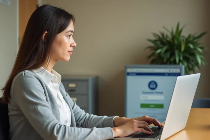 Enseignante remplaçante connectée à la plateforme Arena Versailles sur un ordinateur portable dans un bureau scolaire