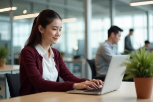 Jeune femme se connectant à l'intranet MFR sur un ordinateur portable dans un bureau professionnel