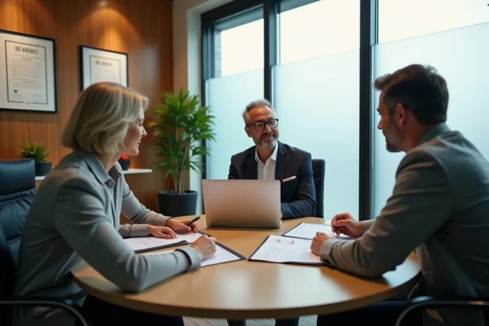 Couple discutant de stratégie d'investissement boursier avec un conseiller financier en réunion