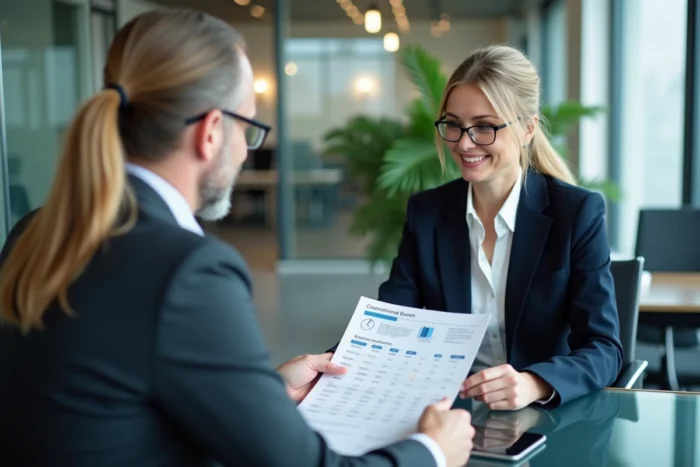 Conseillère bancaire et cliente discutant d'une offre de prêt immobilier dans une agence moderne