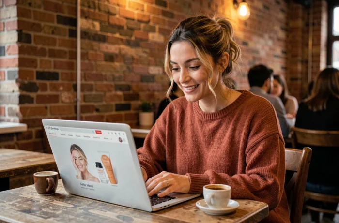 Femme consultant des conseils beauté et bien-être en ligne sur un ordinateur portable dans un café urbain cosy