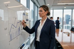 Consultante en management présentant une stratégie de croissance sur un tableau blanc en salle de réunion moderne