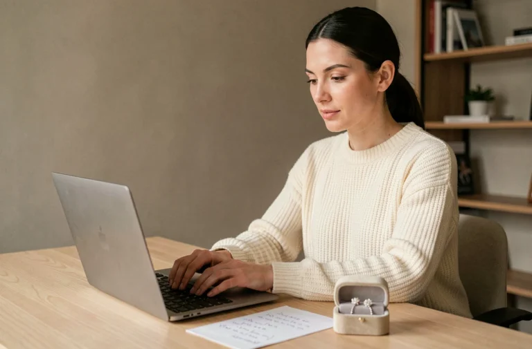 Femme contactant une bijouterie en ligne depuis son bureau à domicile avec un écrin de bijoux posé à côté de son ordinateur