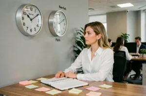 Femme professionnelle comparant deux horloges murales New York et Paris pour coordonner un rendez-vous international