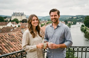 Couple profitant de la vue depuis le balcon d'un appart'hôtel en centre-ville d'Amboise avec vue sur le château et la Loire
