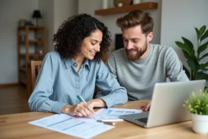 Couple étudiant des offres de crédit immobilier autour d'une table avec des documents et un ordinateur portable