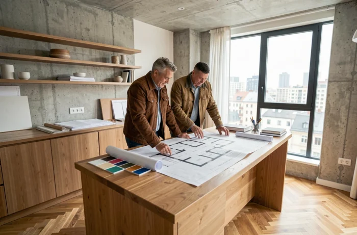 Couple examinant des plans d'appartement rénové lors d'un achat immobilier