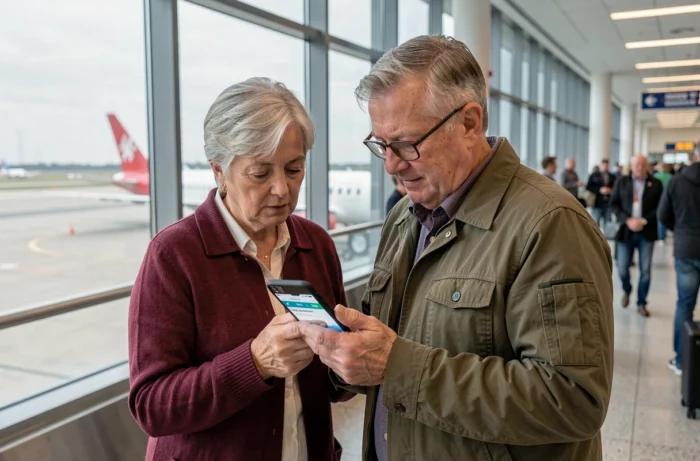 Couple de seniors consultant les avantages de leur carte Air France sur un smartphone à la porte d'embarquement