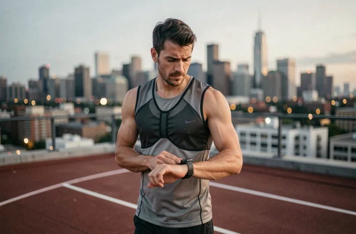 Coureur urbain pensif examinant ses données GPS sur montre connectée sur une piste en toiture avec vue sur la ville, questionnant l'avenir du sport technologique