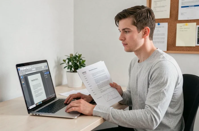 Jeune homme créant la page de garde de son rapport de stage sur ordinateur dans un bureau à domicile