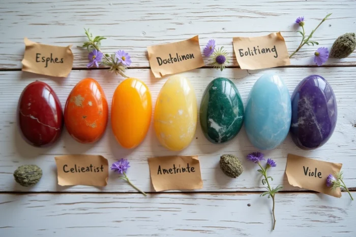 Collection de cristaux aux sept couleurs des chakras disposés en ligne sur une surface en bois blanc