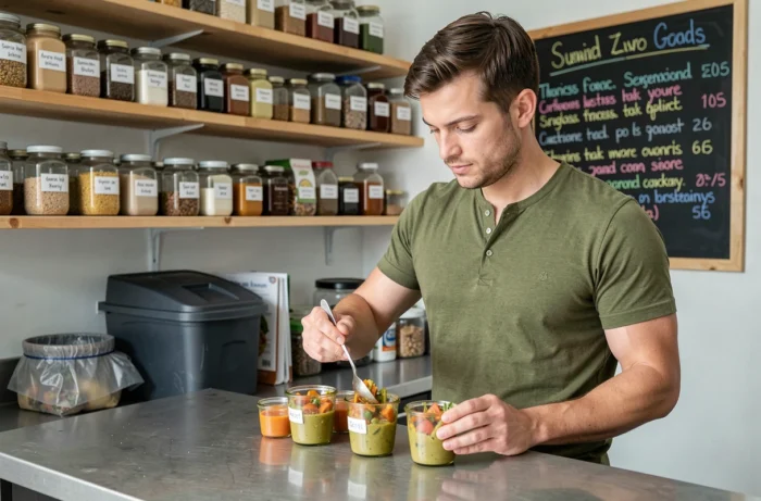 Professionnel de crèche préparant des repas biologiques dans des contenants réutilisables dans une cuisine zéro déchet