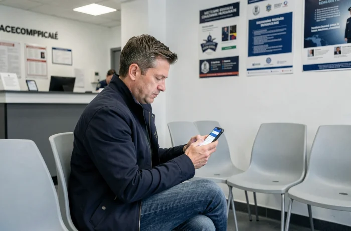 Homme consultant le site de déclaration de vol sur son téléphone dans une salle d'attente de commissariat