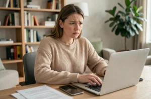 Femme effectuant une déclaration de vol en ligne sur son ordinateur portable à la maison