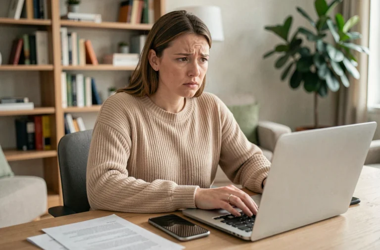 Femme effectuant une déclaration de vol en ligne sur son ordinateur portable à la maison