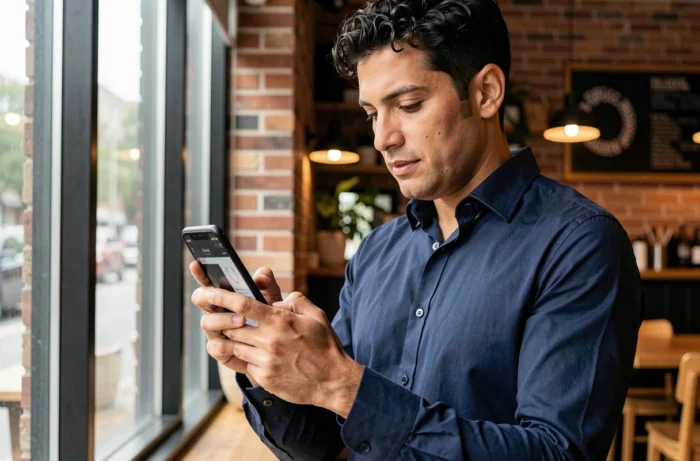 Homme consultant le site d'une bijouterie en ligne sur son smartphone dans un café moderne pour une demande personnalisée