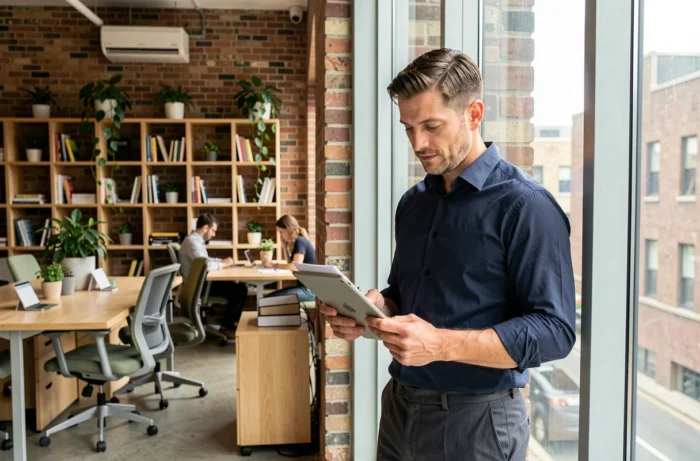Homme en développement professionnel consultant ses objectifs dans un espace de coworking contemporain