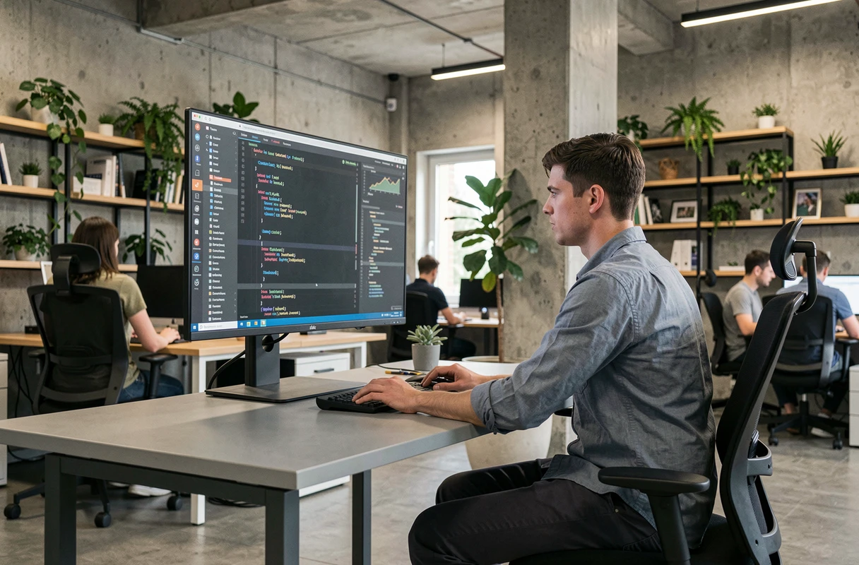 Développeur informatique travaillant dans un open space moderne, symbolisant les métiers du numérique bien rémunérés à 5000 euros par mois en France