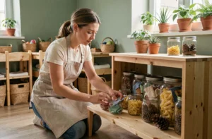 Éducatrice en crèche zéro déchet arrangeant des matériaux naturels et réutilisables sur une étagère en bois pour les tout-petits