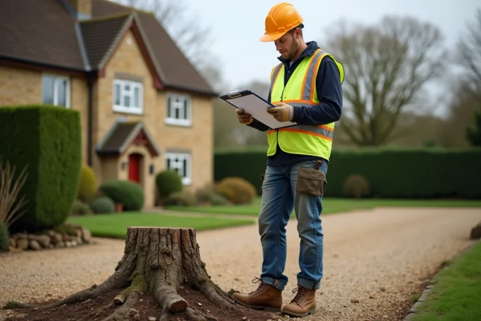 Élagueur professionnel examinant des documents administratifs près d'une souche d'arbre fraîchement coupée dans une propriété rurale