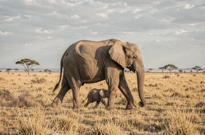 Éléphant d'Afrique adulte et son petit traversant la savane sous un ciel nuageux