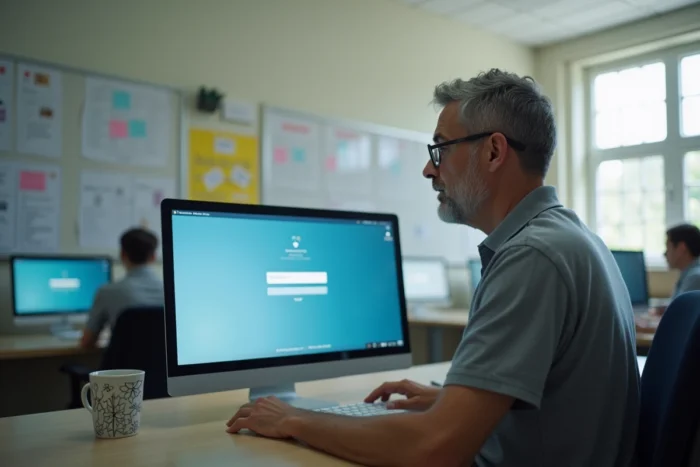 Enseignant MFR accédant aux services en ligne via le portail intranet sur un ordinateur de bureau